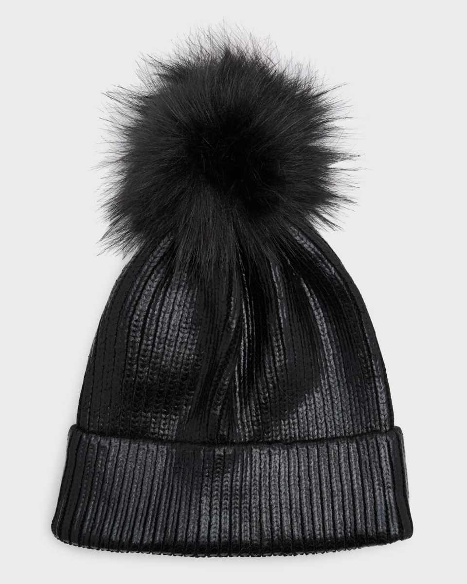 Metallic Beanie With Faux Fur Pom